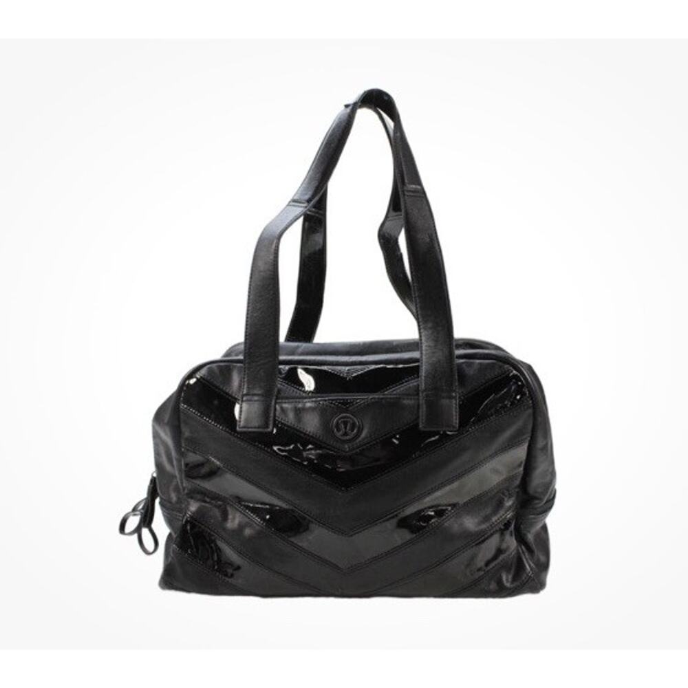 Lululemon Womens Faux Leather Striped Zipper Closure Shoulder Handbag Black